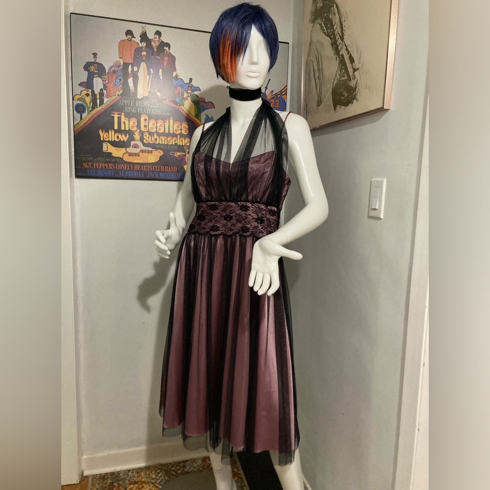 Rare - Pink and Black Taffeta Vintage 80s Dress with Matching Scarf/Shawl/Belt